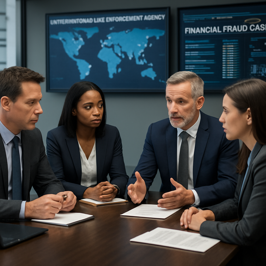 International law enforcement team meeting at Interpol headquarters